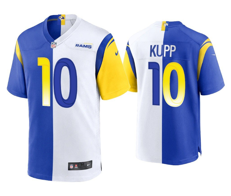 Men's Los Angeles Rams #10 Cooper Kupp Royal/White Split Stitched Football Jersey Men's Los Angeles Rams #10 Cooper Kupp Royal/White Split Stitched Football Jersey